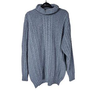 Pringle Of Scotland Mens Cashmere Cable Knit Sweater M Blue Fisherman Turtleneck